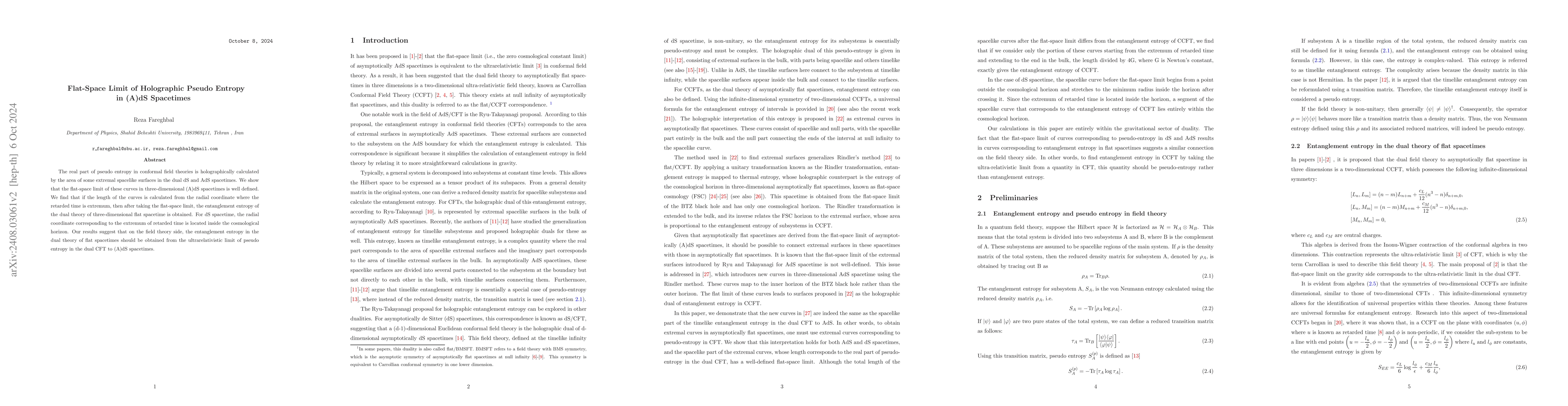 Thumbnail for Flat-Space Limit of Holographic Pseudo Entropy in (A)dS Spacetimes