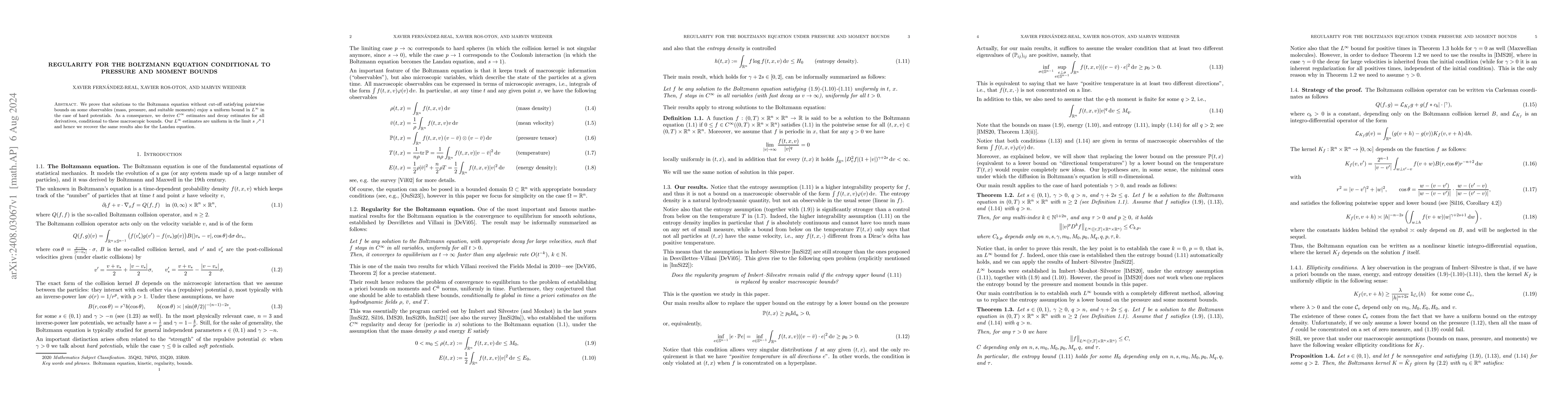 Thumbnail for Regularity for the Boltzmann equation conditional to pressure and moment
  bounds
