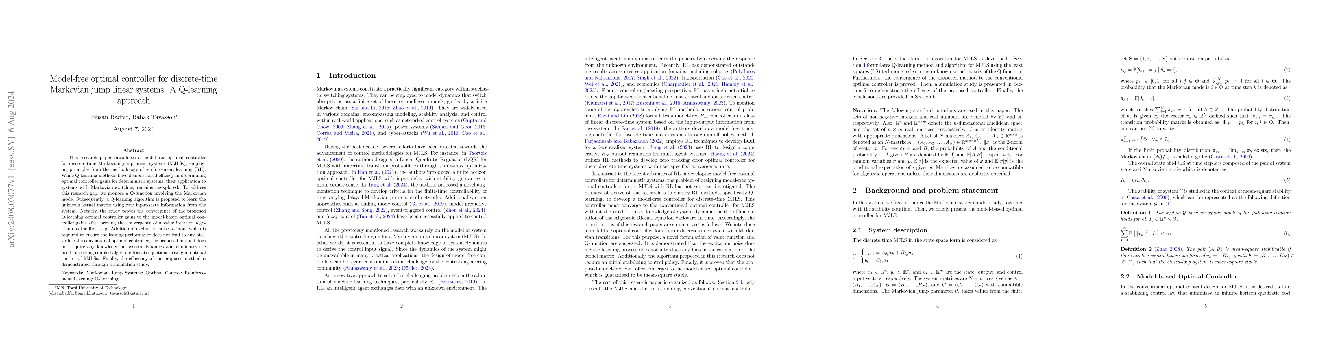 Thumbnail for Model-free optimal controller for discrete-time Markovian jump linear
  systems: A Q-learning approach