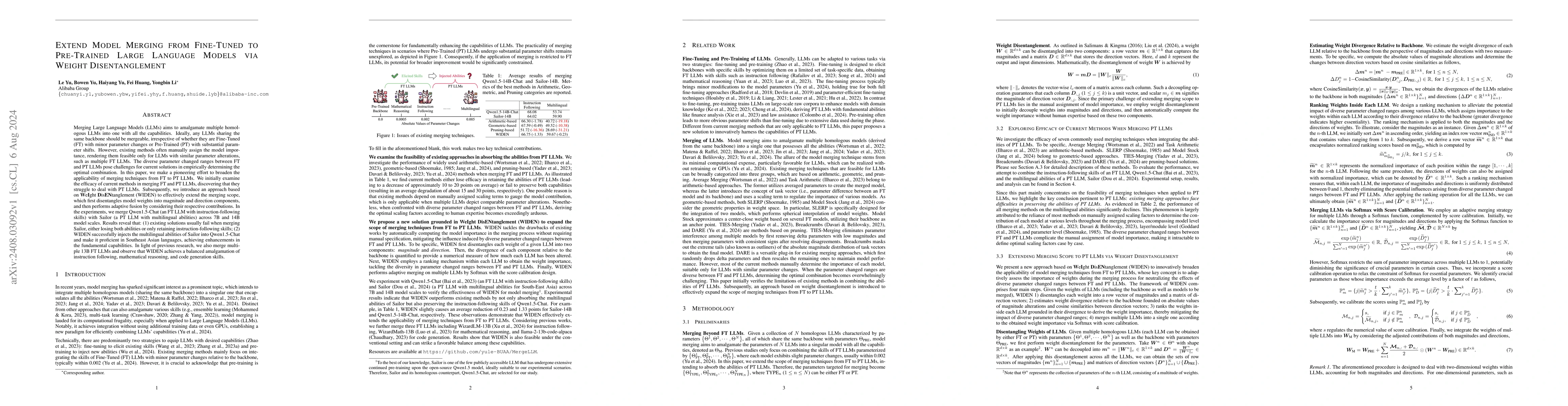 Thumbnail for Extend Model Merging from Fine-Tuned to Pre-Trained Large Language
  Models via Weight Disentanglement