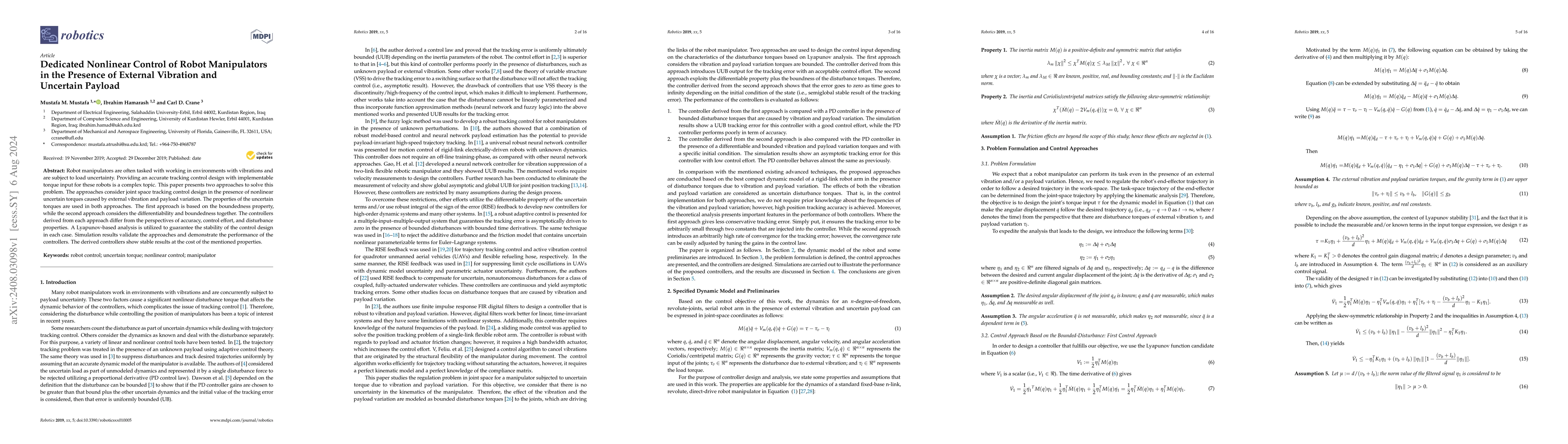 Thumbnail for Dedicated Nonlinear Control of Robot Manipulators in the Presence of
  External Vibration and Uncertain Payload