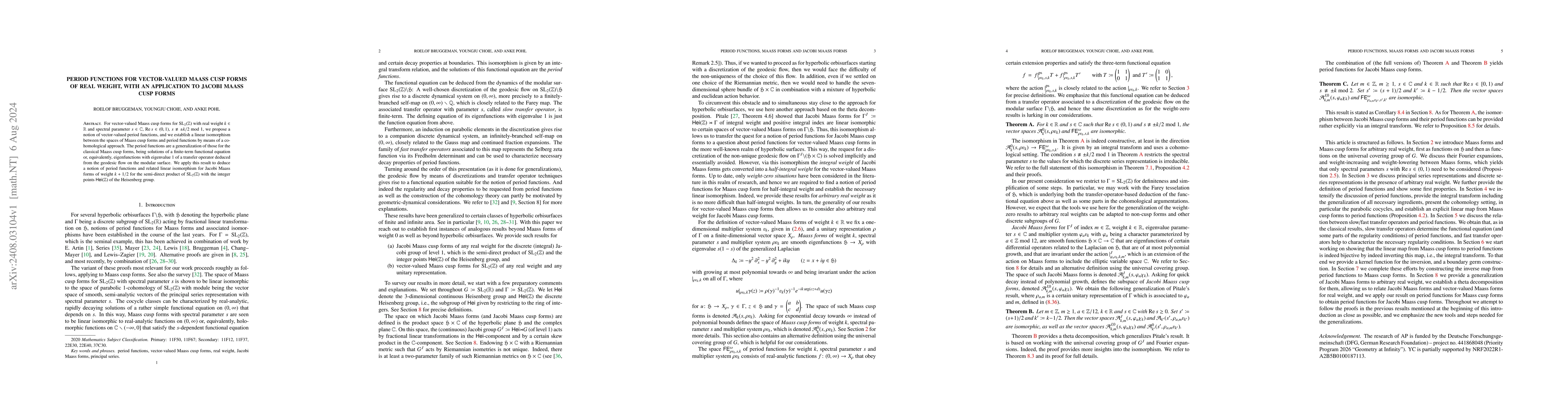 Thumbnail for Period functions for vector-valued Maass cusp forms of real weight, with
  an application to Jacobi Maass cusp forms