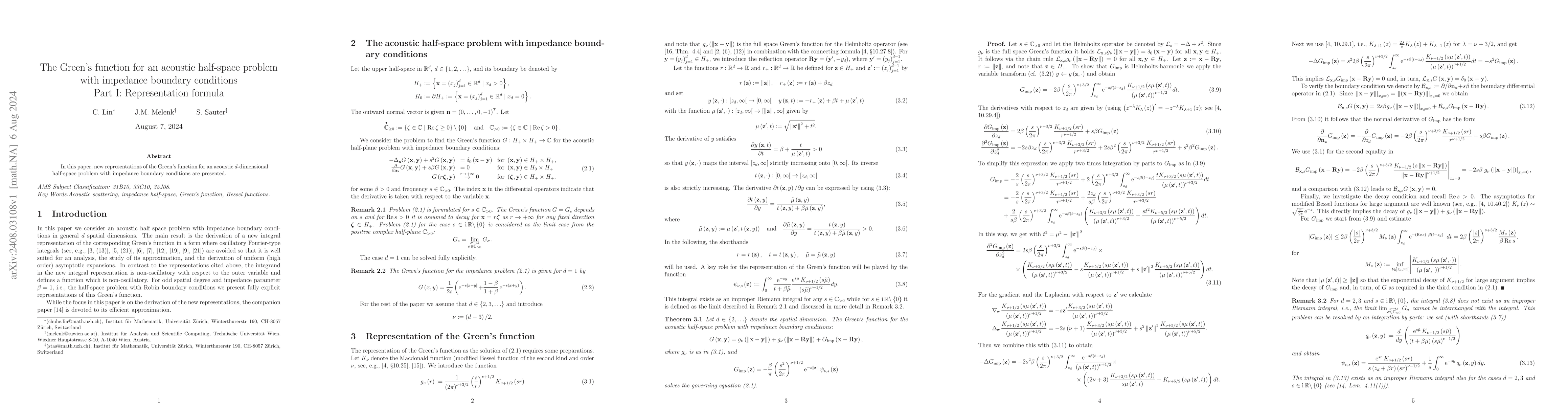 Thumbnail for The Green`s function for an acoustic half-space problem with impedance
  boundary conditions Part I: Representation formula