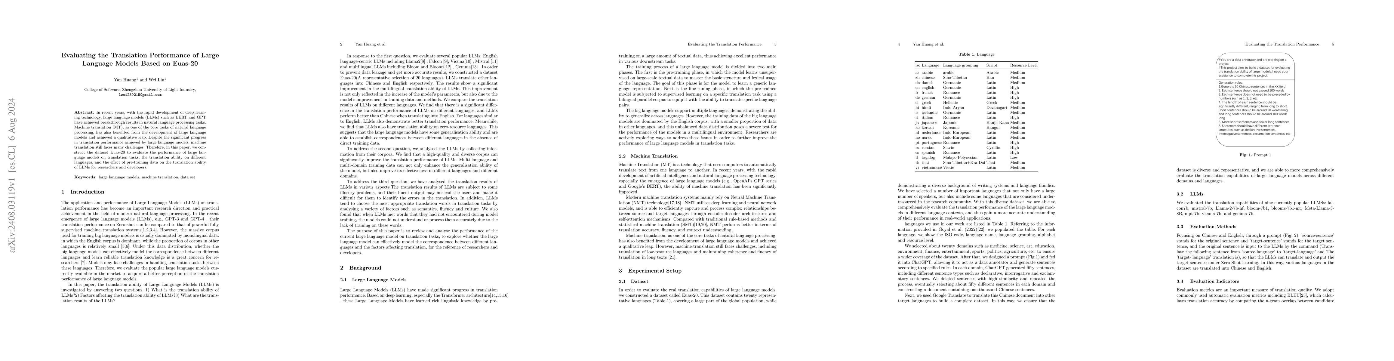 Thumbnail for Evaluating the Translation Performance of Large Language Models Based on
  Euas-20