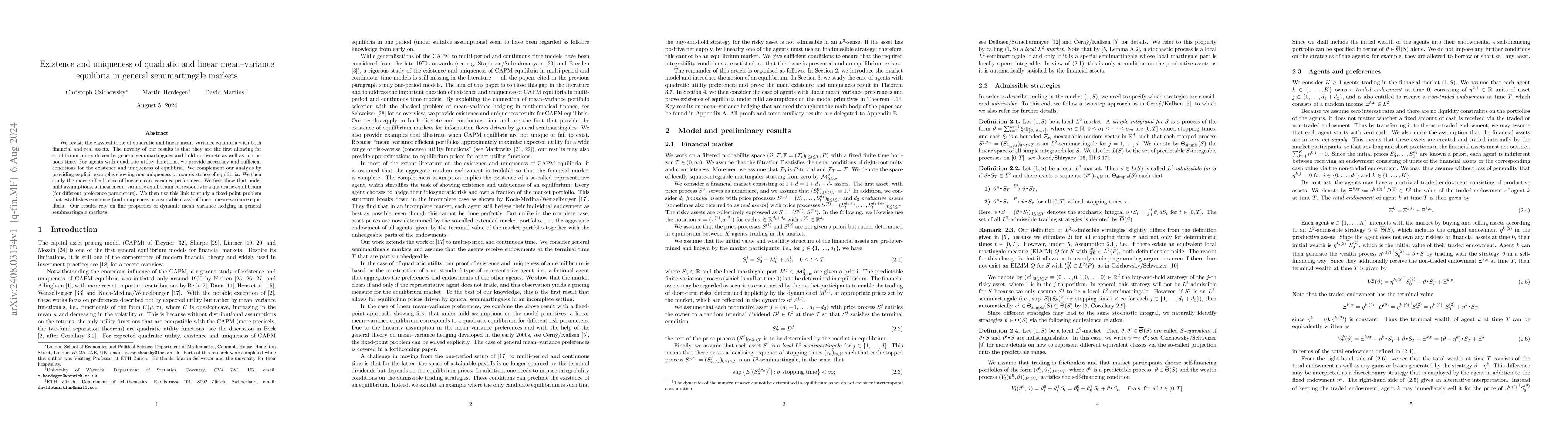 Thumbnail for Existence and uniqueness of quadratic and linear mean-variance
  equilibria in general semimartingale markets