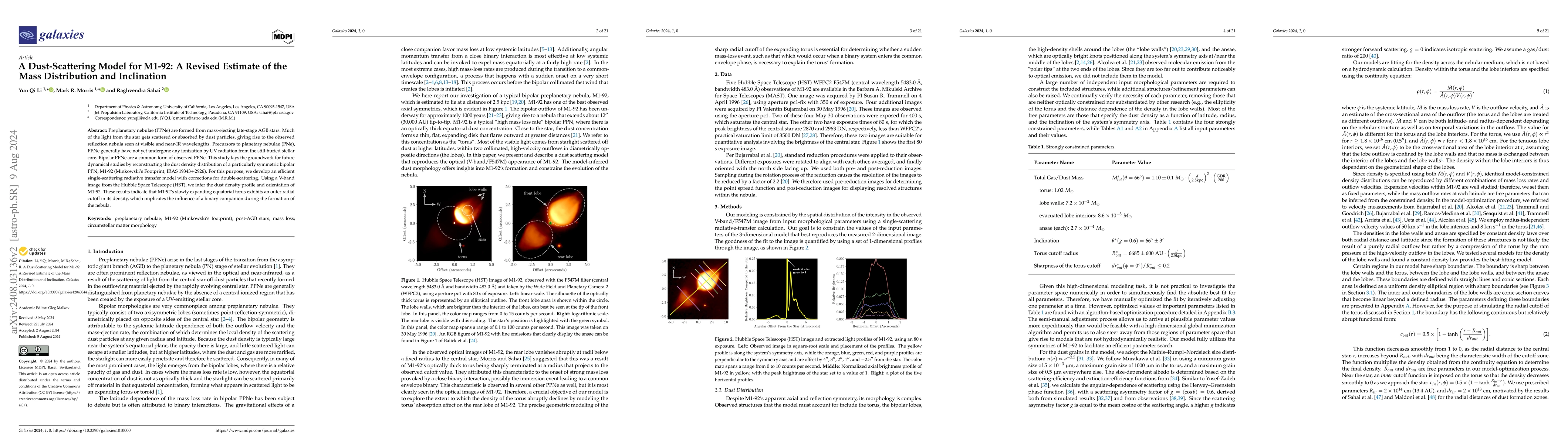 Thumbnail for A Dust-Scattering Model for M1-92: A Revised Estimate of the Mass
  Distribution and Inclination