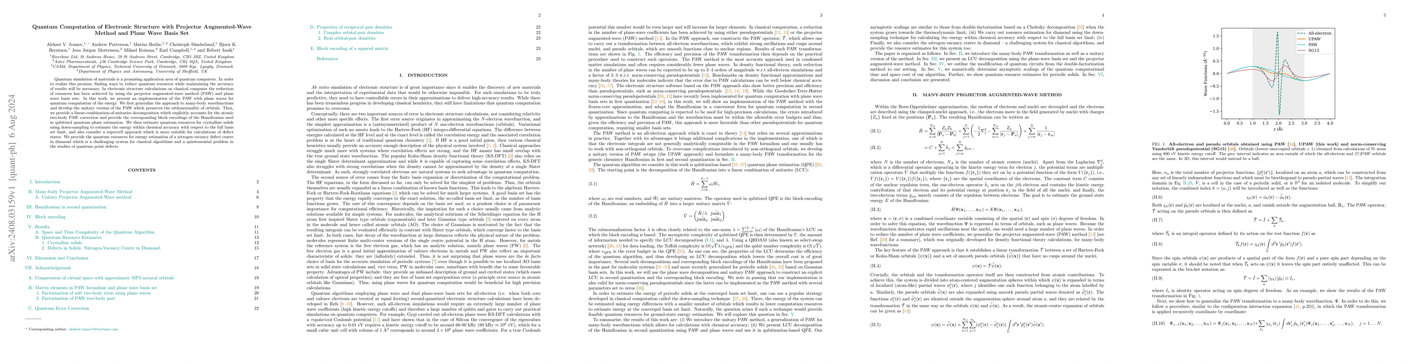 Thumbnail for Quantum Computation of Electronic Structure with Projector
  Augmented-Wave Method and Plane Wave Basis Set