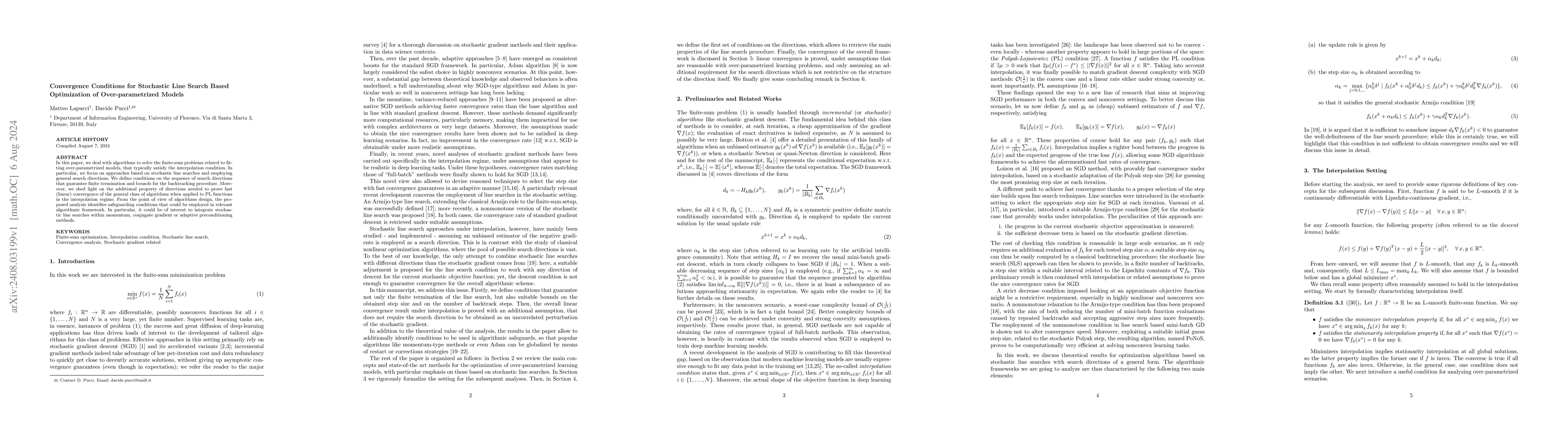 Thumbnail for Convergence Conditions for Stochastic Line Search Based Optimization of
  Over-parametrized Models