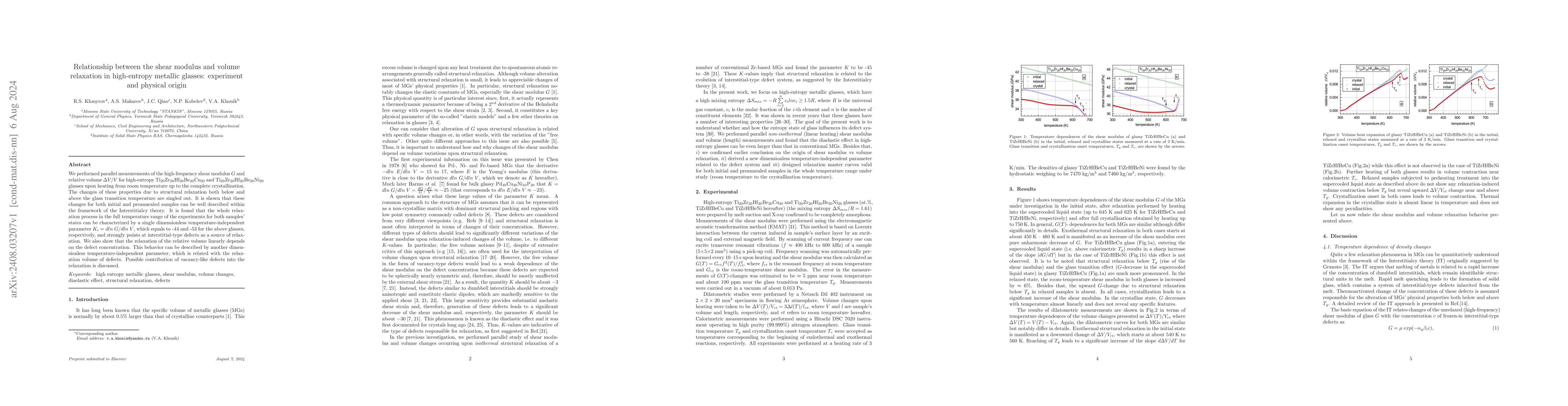 Thumbnail for Relationship between the shear modulus and volume relaxation in
  high-entropy metallic glasses: experiment and physical origin