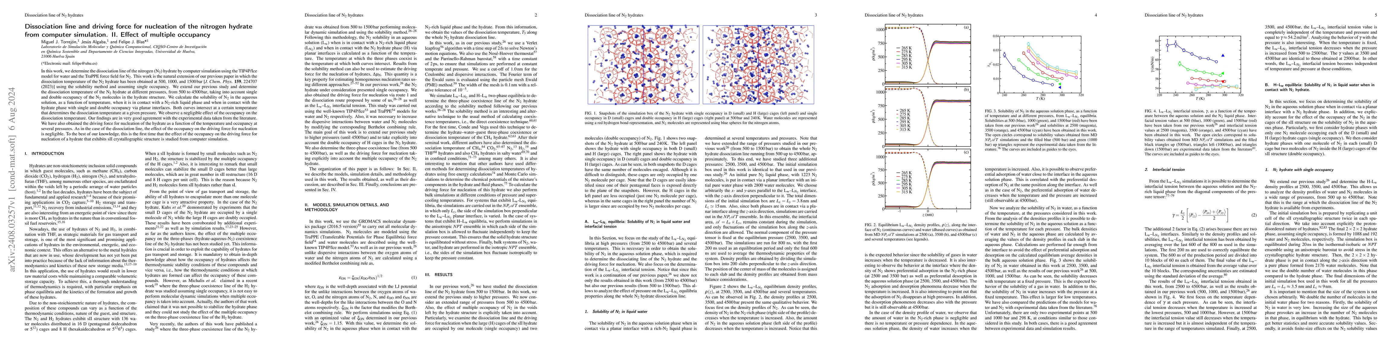 Thumbnail for Dissociation line and driving force for nucleation of the nitrogen
  hydrate from computer simulation. II. Effect of multiple occupancy
