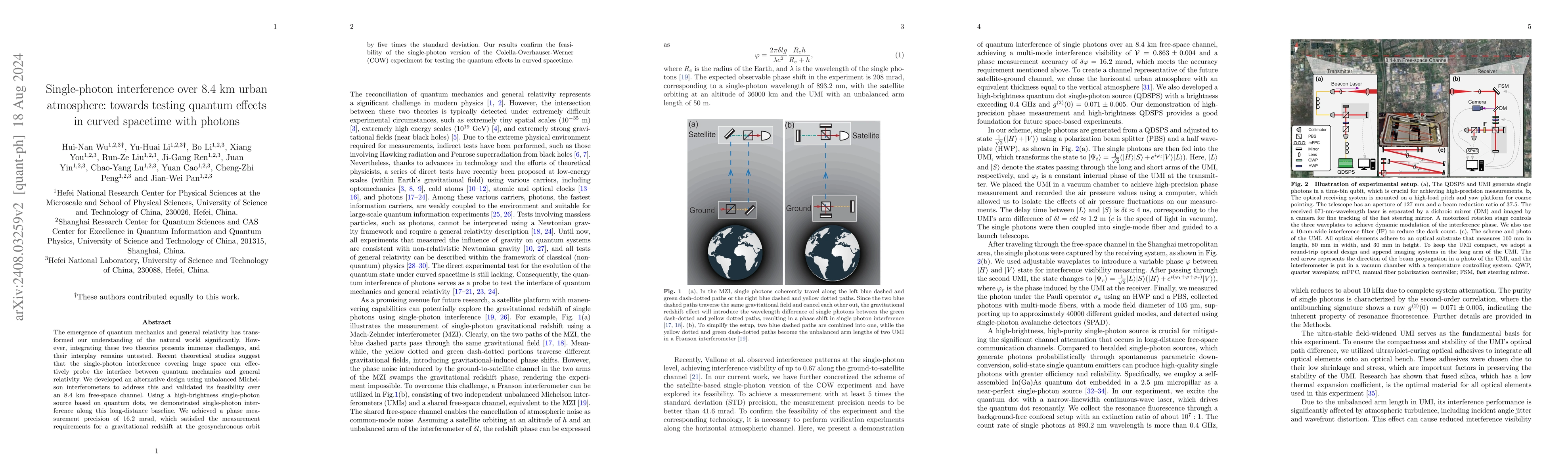 Thumbnail for Single-photon interference over 8.4 km urban atmosphere: towards testing
  quantum effects in curved spacetime with photons