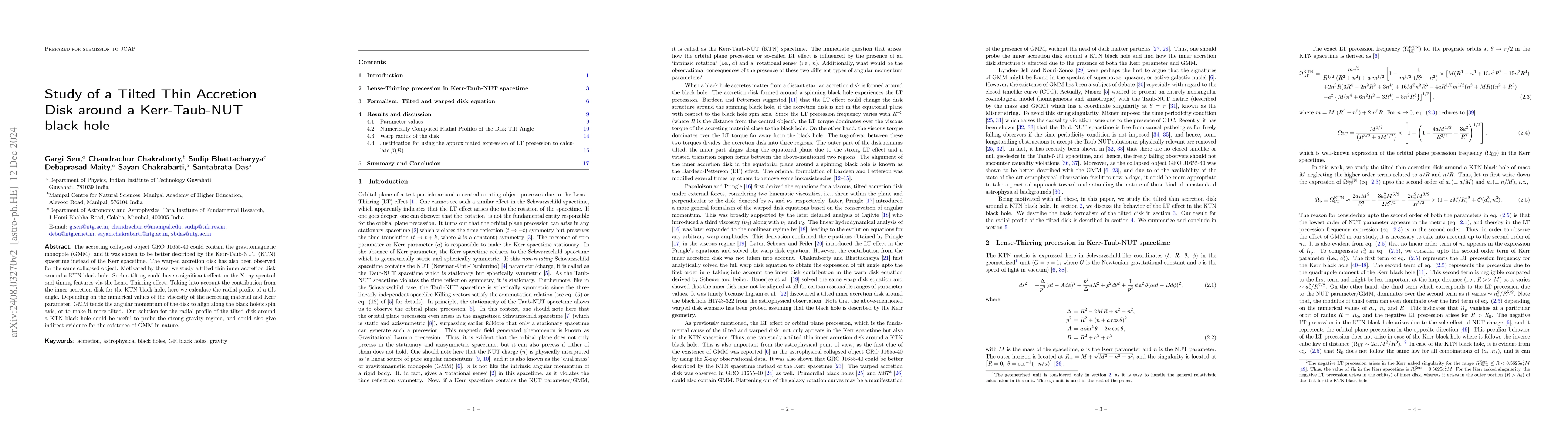 Thumbnail for Study of a Tilted Thin Accretion Disk around a Kerr-Taub-NUT black hole