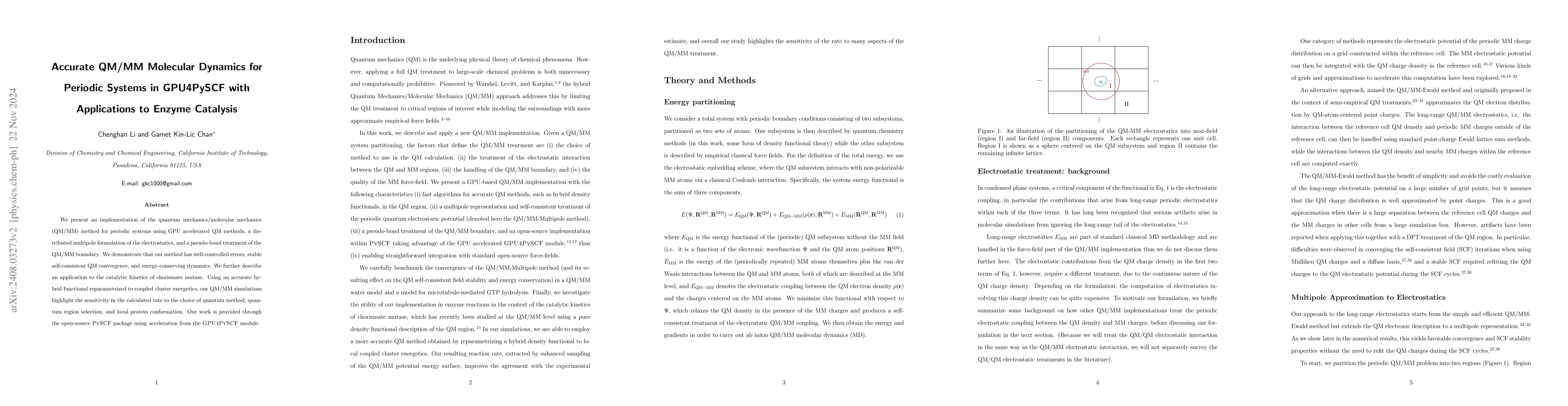 Thumbnail for Accurate QM/MM Molecular Dynamics for Periodic Systems in
  \textsc{GPU4PySCF} with Applications to Enzyme Catalysis