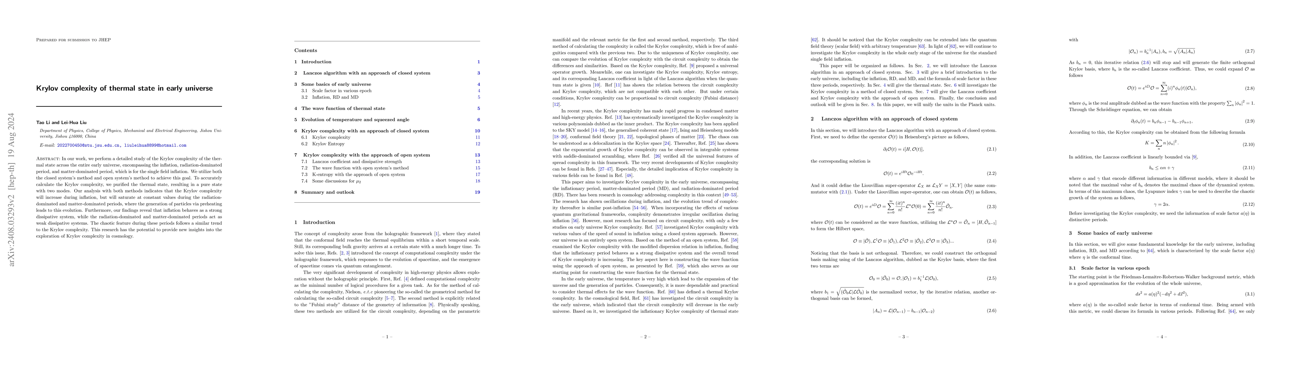 Thumbnail for Krylov complexity of thermal state in early universe