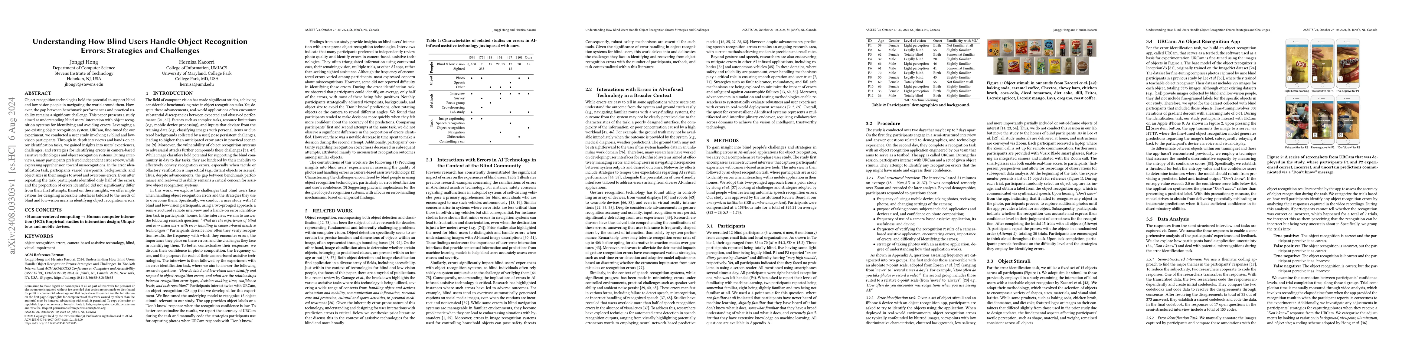Thumbnail for Understanding How Blind Users Handle Object Recognition Errors:
  Strategies and Challenges