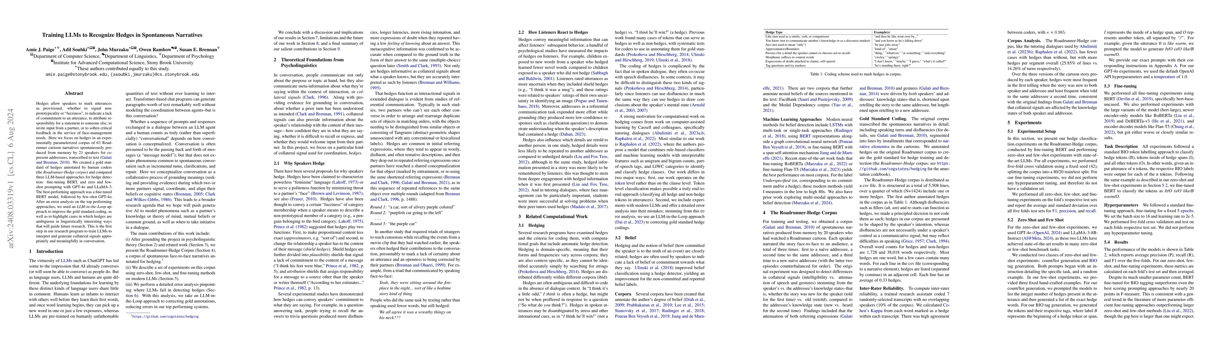 Thumbnail for Training LLMs to Recognize Hedges in Spontaneous Narratives