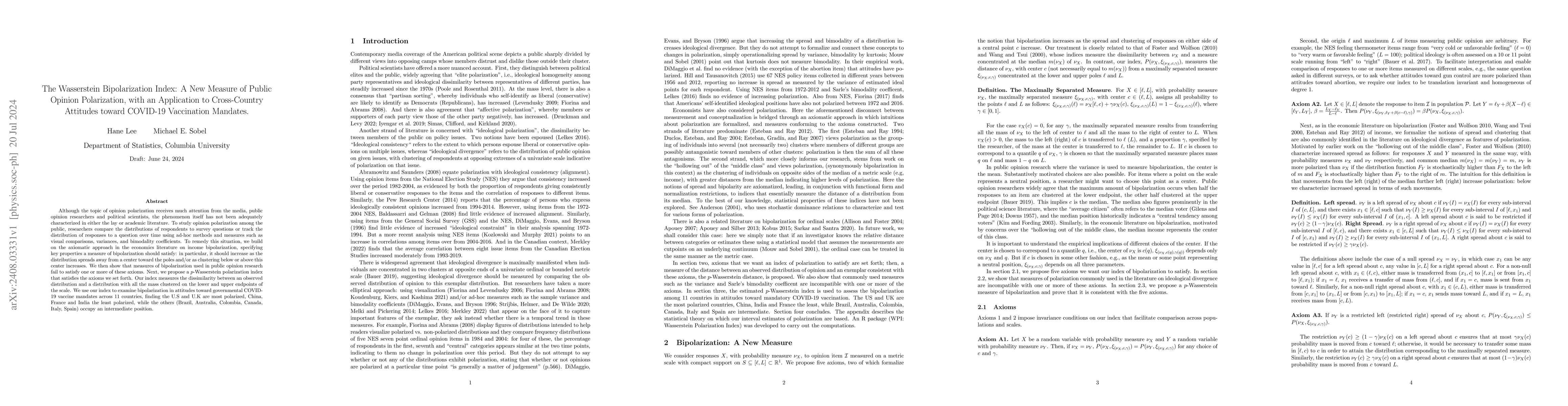 Thumbnail for The Wasserstein Bipolarization Index: A New Measure of Public Opinion
  Polarization, with an Application to Cross-Country Attitudes toward COVID-19
  Vaccination Mandates