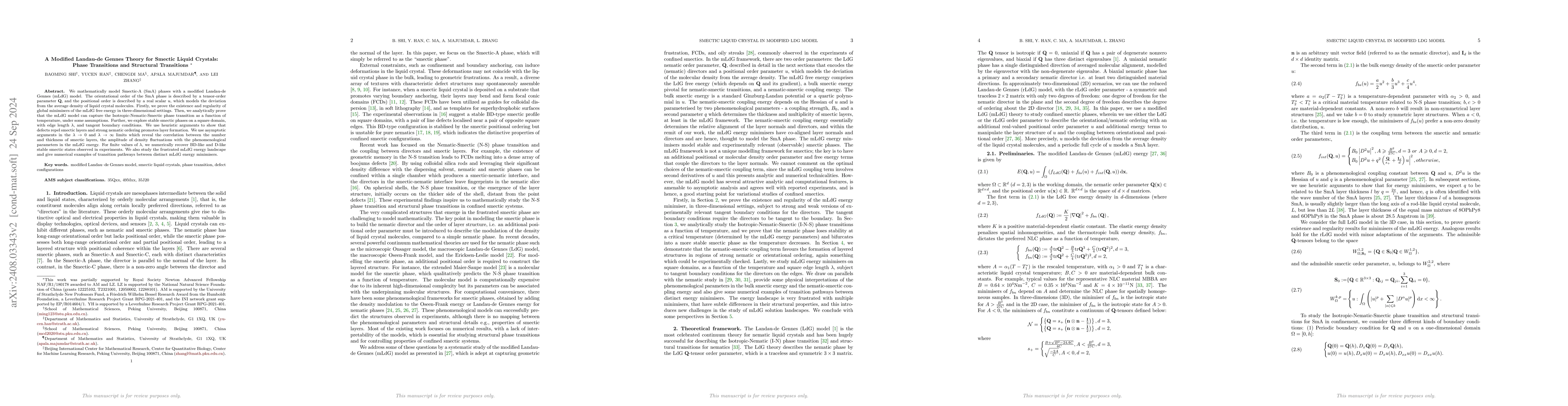 Thumbnail for A Modified Landau-de Gennes Theory for Smectic Liquid Crystals: Phase
  Transitions and Structural Transitions