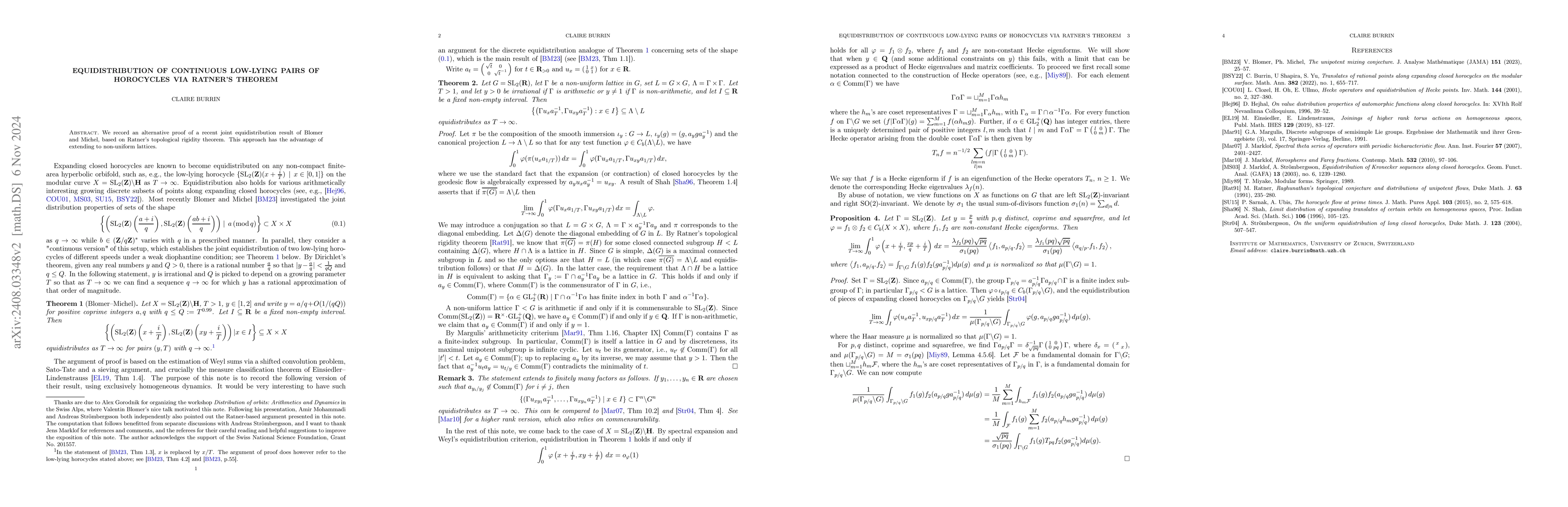 Thumbnail for Equidistribution of continuous low-lying pairs of horocycles via
  Ratner's theorem