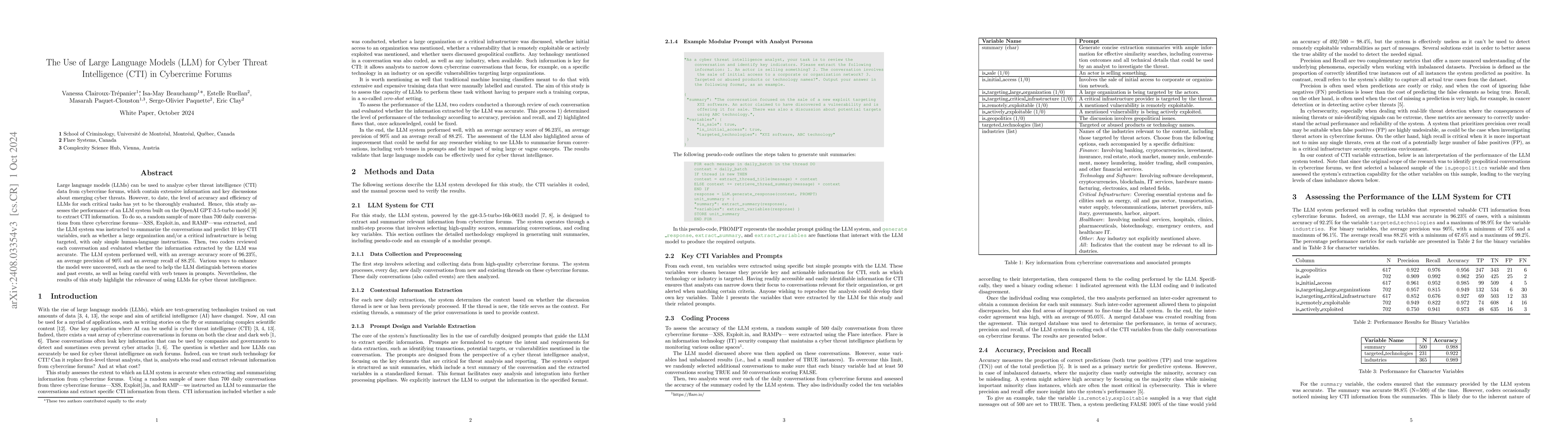 Thumbnail for The Use of Large Language Models (LLM) for Cyber Threat Intelligence
  (CTI) in Cybercrime Forums