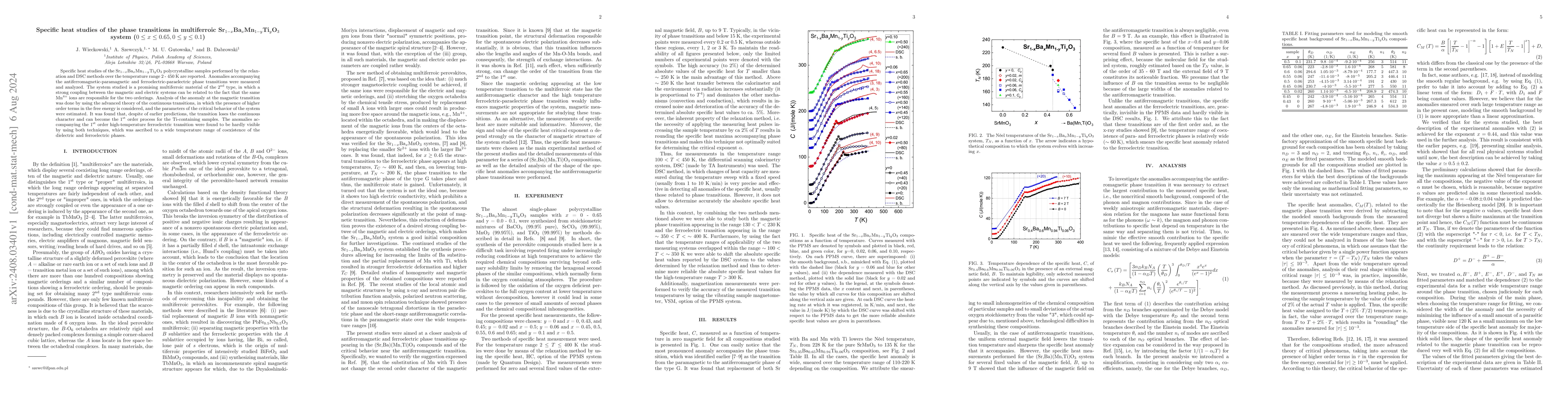 Thumbnail for Specific heat studies of the phase transitions in multiferroic
  Sr$_{1-x}$Ba$_x$Mn$_{1-y}$Ti$_y$O$_3$ system ($0 \le x \le 0.65, 0 \le y \le
  0.1$)