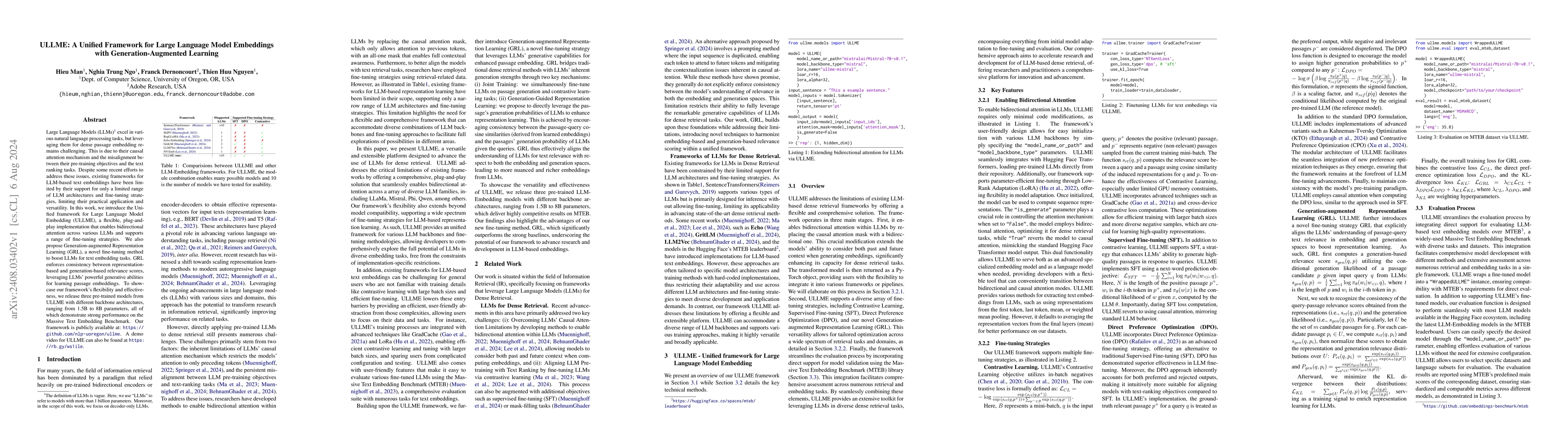Thumbnail for ULLME: A Unified Framework for Large Language Model Embeddings with
  Generation-Augmented Learning