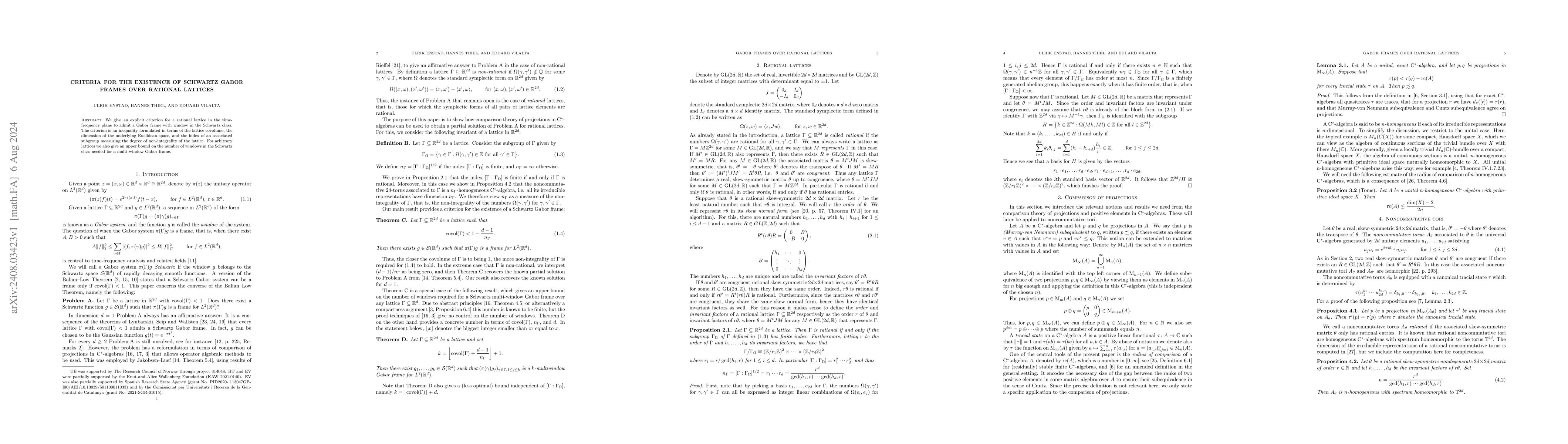 Thumbnail for Criteria for the existence of Schwartz Gabor frames over rational
  lattices