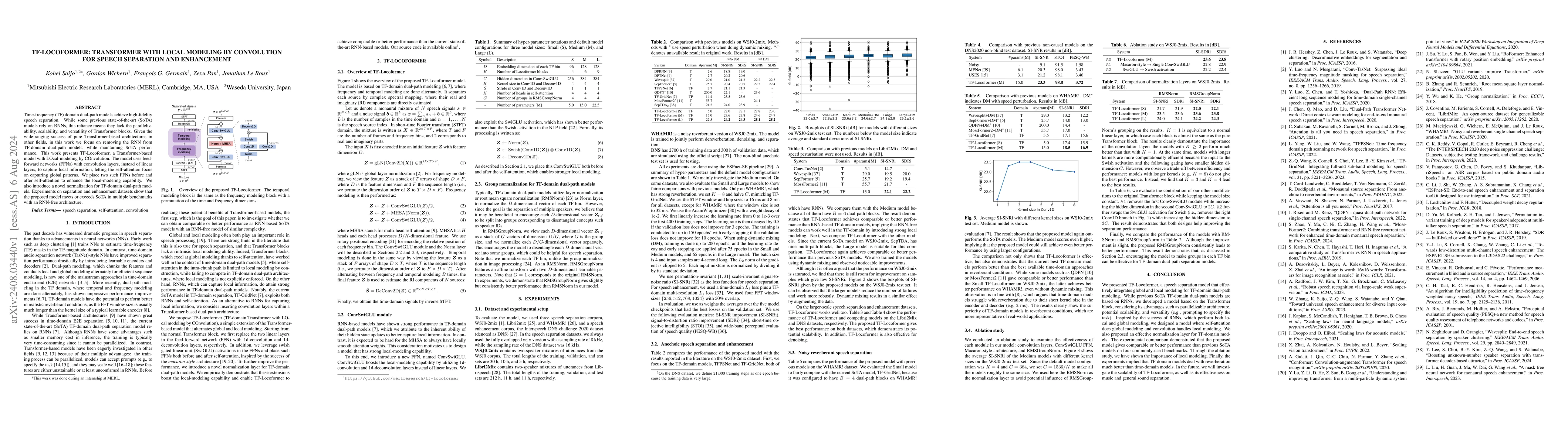 Thumbnail for TF-Locoformer: Transformer with Local Modeling by Convolution for Speech
  Separation and Enhancement