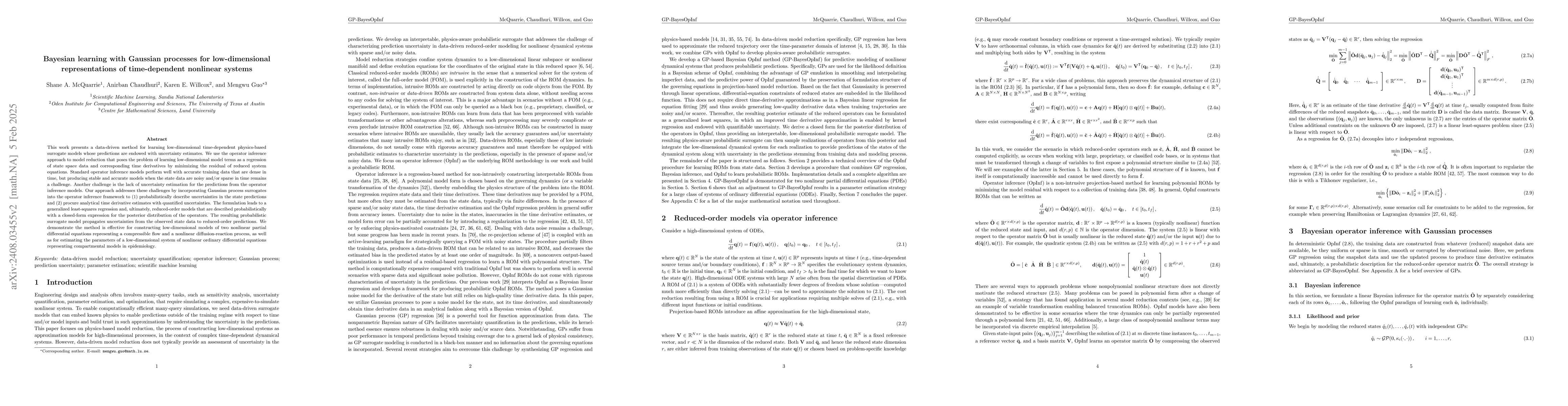 Thumbnail for Bayesian learning with Gaussian processes for low-dimensional
  representations of time-dependent nonlinear systems