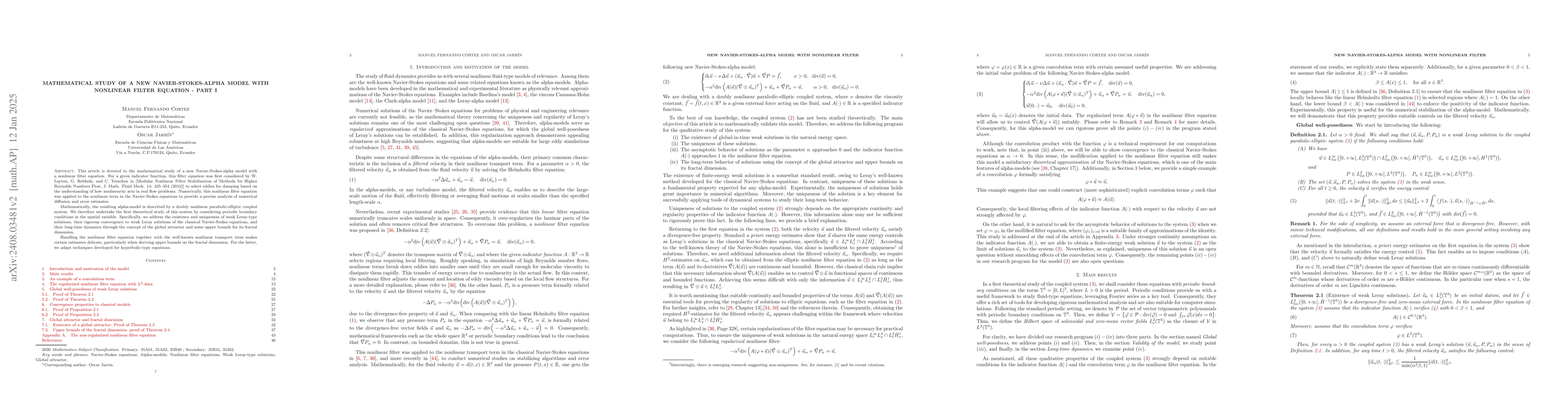 Thumbnail for Mathematical study of a new Navier-Stokes-alpha model with nonlinear
  filter equation -- Part I