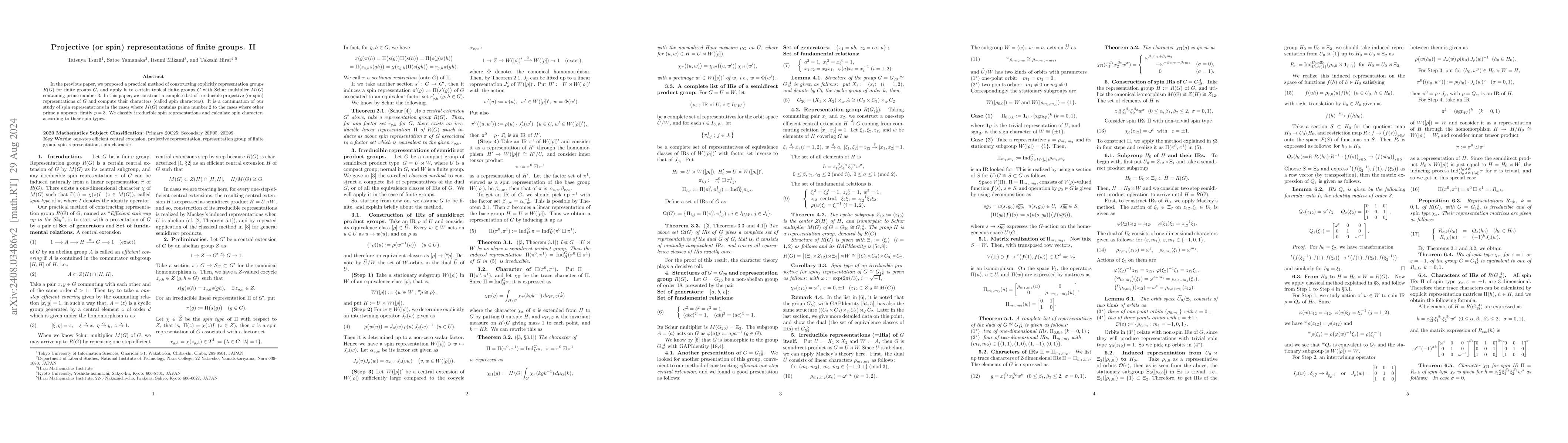Thumbnail for Projective (or spin) representations of finite groups. II