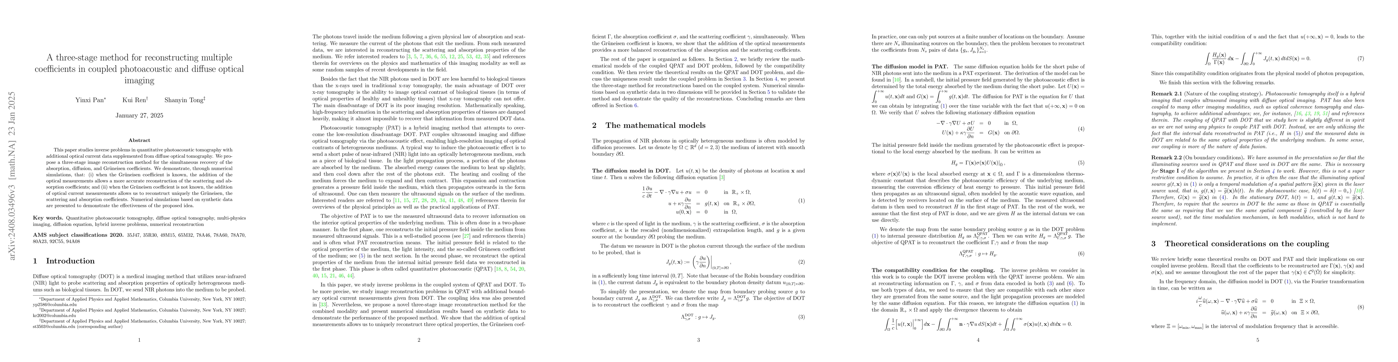 Thumbnail for A three-stage method for reconstructing multiple coefficients in coupled
  photoacoustic and diffuse optical imaging