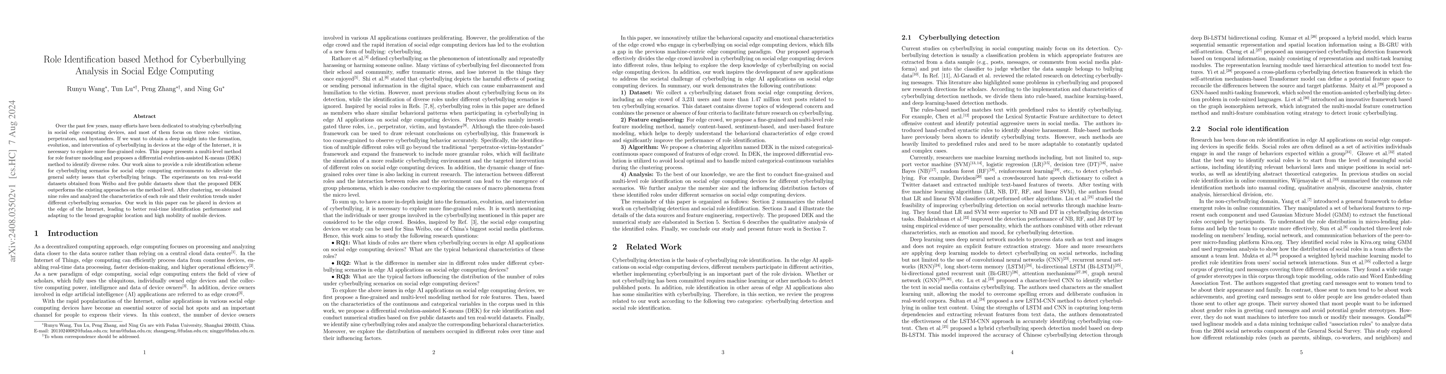Thumbnail for Role Identification based Method for Cyberbullying Analysis in Social
  Edge Computing