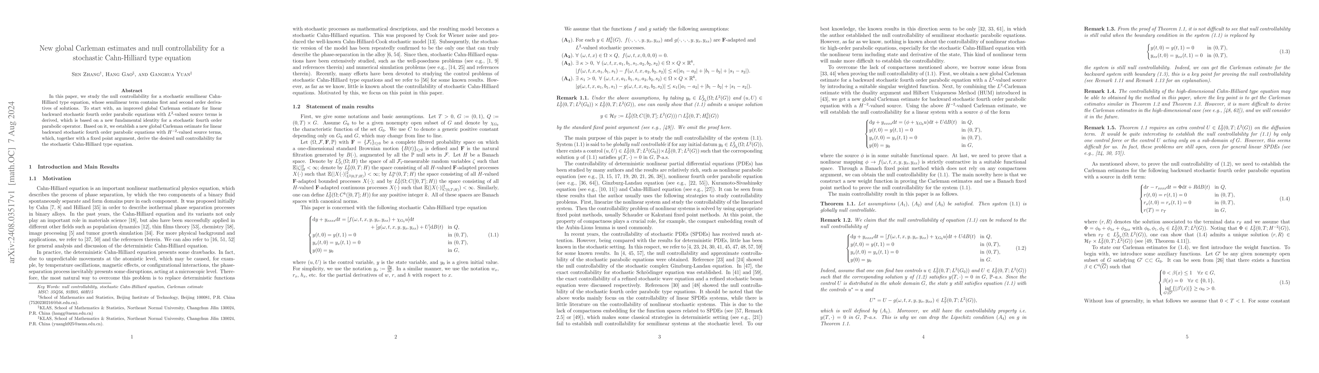 Thumbnail for New global Carleman estimates and null controllability for a stochastic
  Cahn-Hilliard type equation