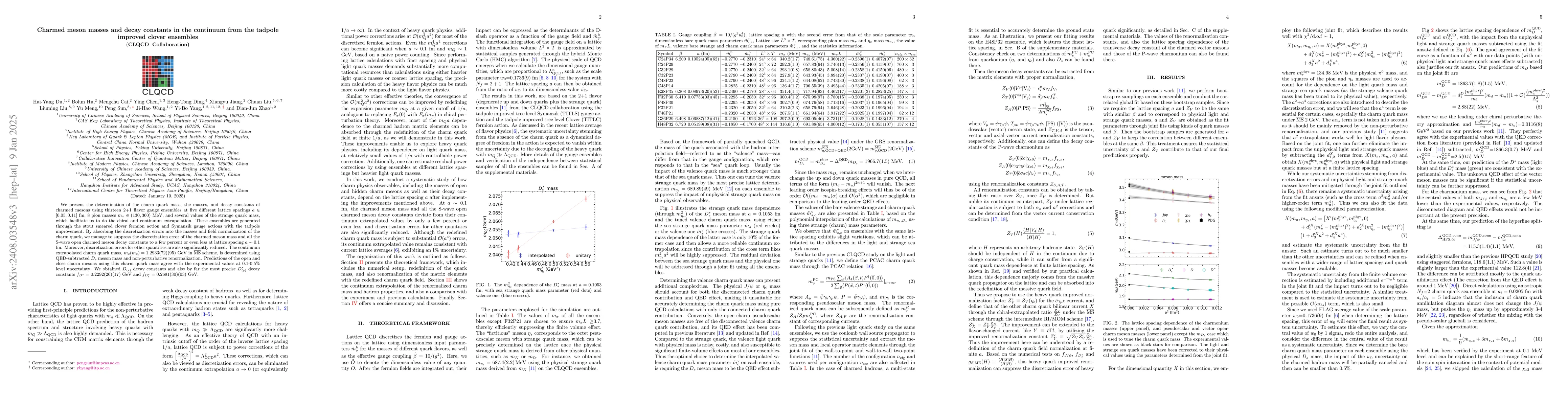 Thumbnail for Charmed meson masses and decay constants in the continuum from the
  tadpole improved clover ensembles