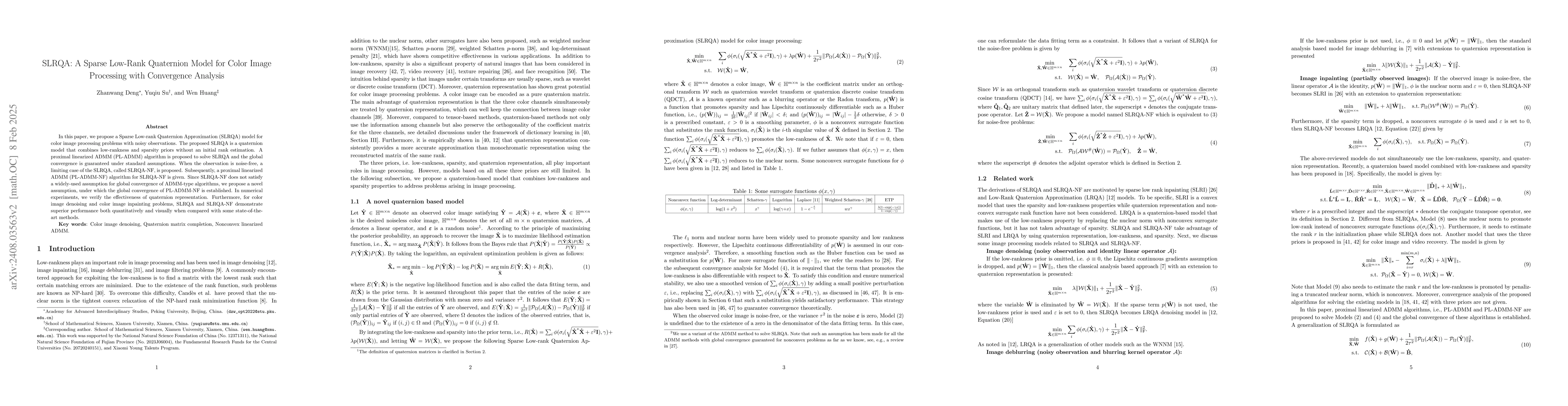 Thumbnail for SLRQA: A Sparse Low-Rank Quaternion Model for Color Image Processing
  with Convergence Analysis