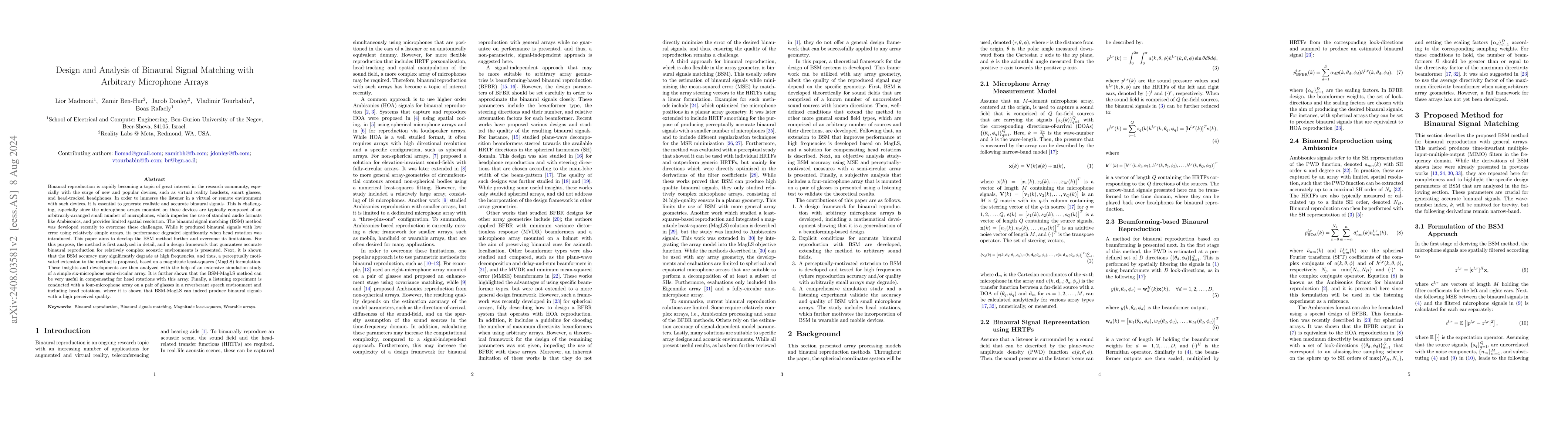 Thumbnail for Design and Analysis of Binaural Signal Matching with Arbitrary
  Microphone Arrays