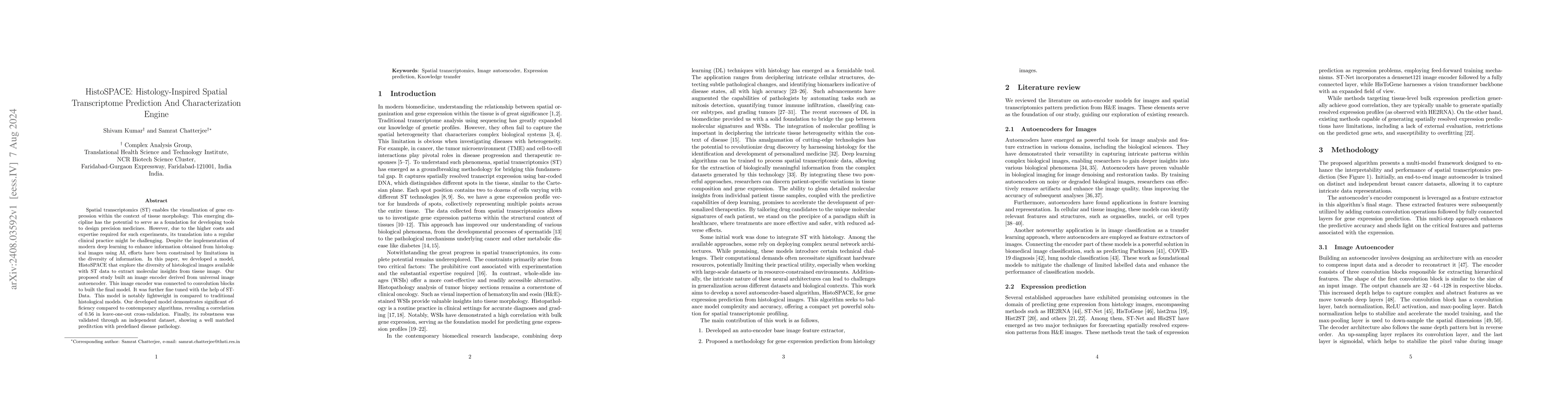 Thumbnail for HistoSPACE: Histology-Inspired Spatial Transcriptome Prediction And
  Characterization Engine