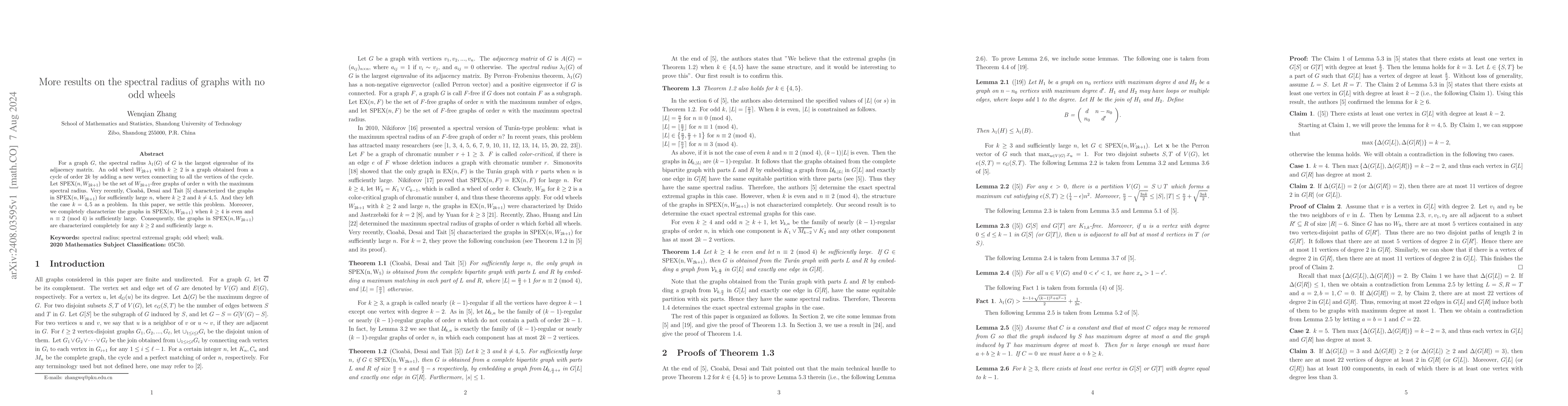 Thumbnail for More results on the spectral radius of graphs with no odd wheels
