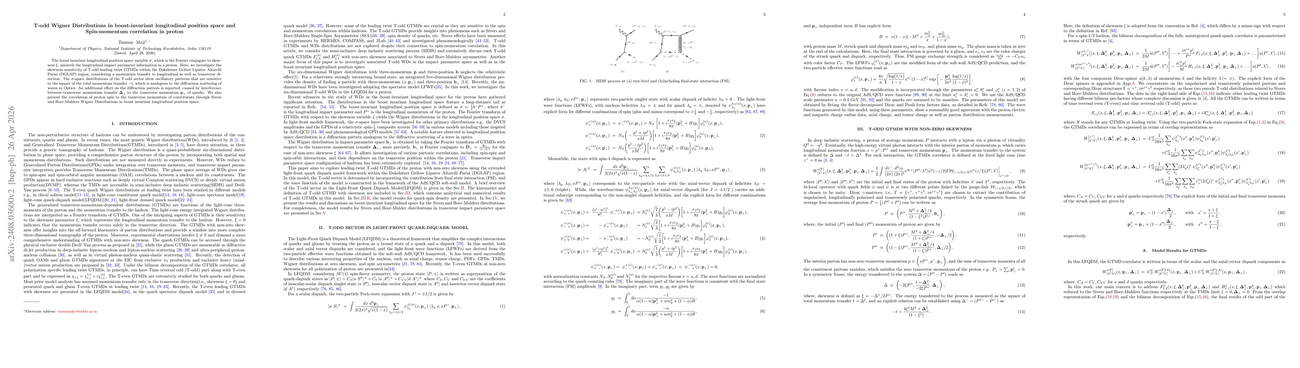 Thumbnail for T-odd Wigner Distributions in boost-invariant longitudinal position space and Spin-momentum correlation in proton