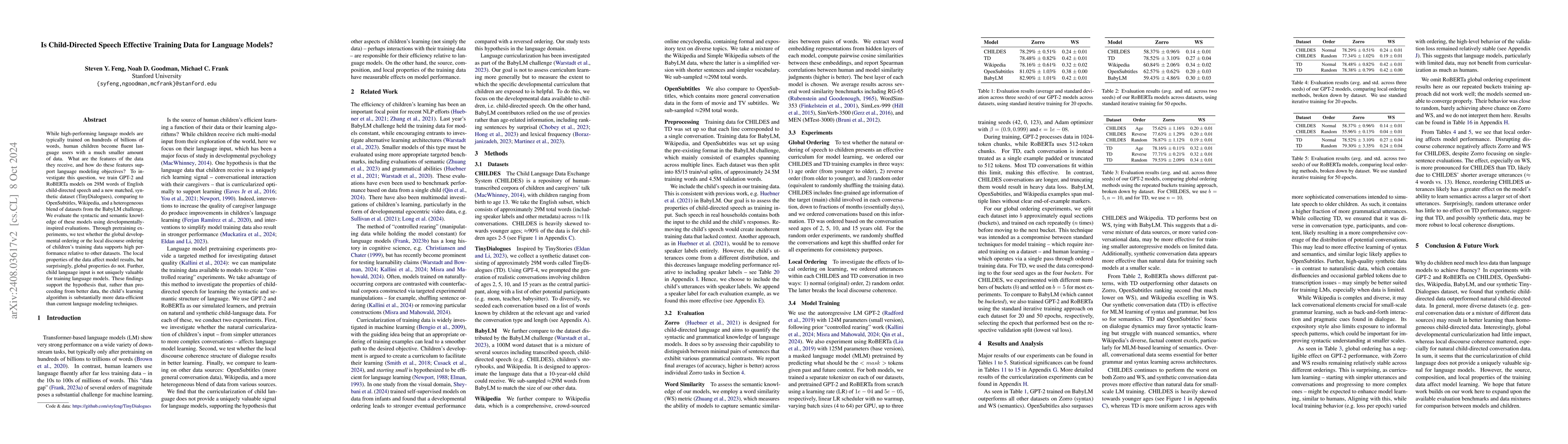 Thumbnail for Is Child-Directed Speech Effective Training Data for Language Models?