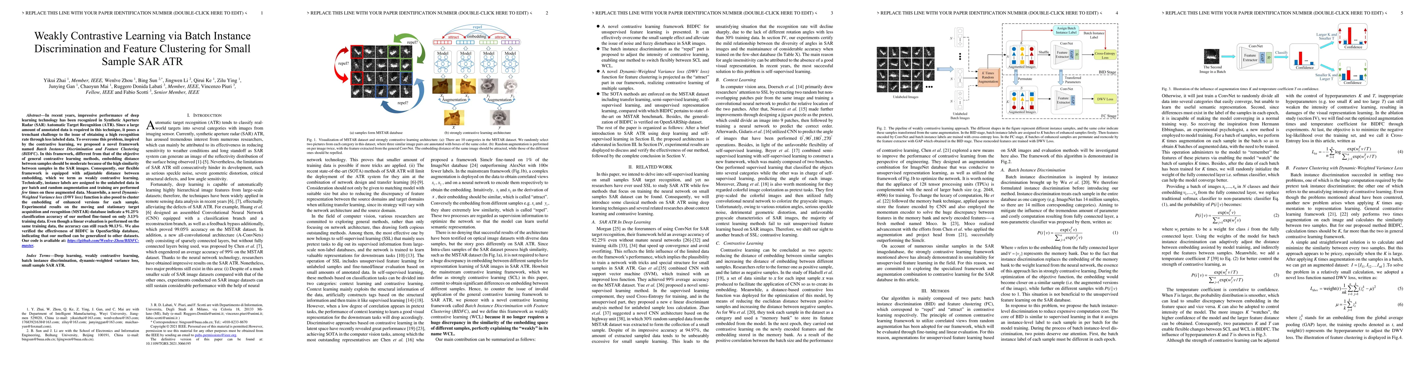Thumbnail for Weakly Contrastive Learning via Batch Instance Discrimination and
  Feature Clustering for Small Sample SAR ATR