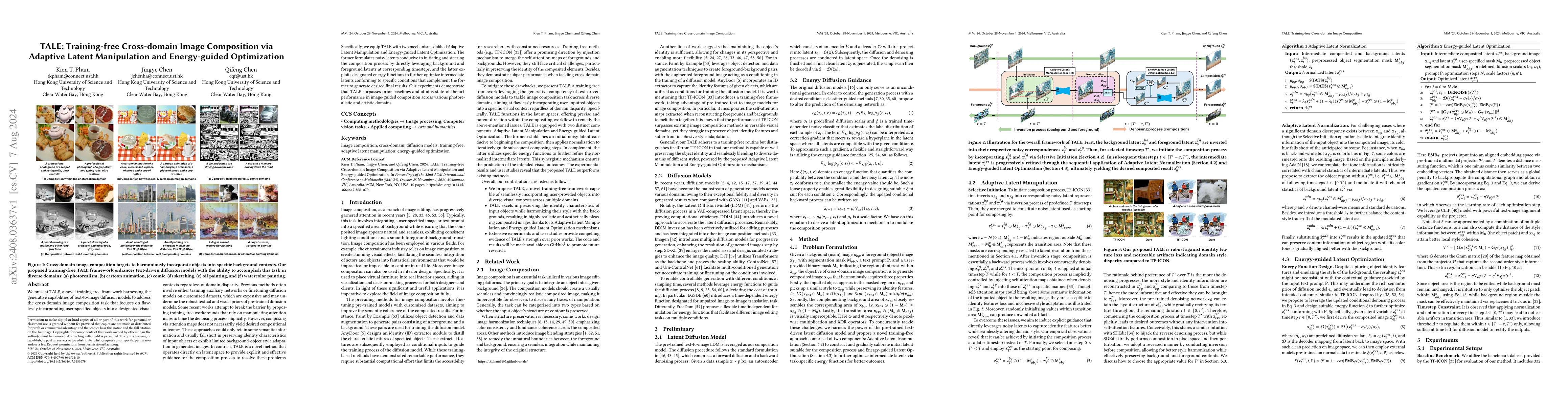 Thumbnail for TALE: Training-free Cross-domain Image Composition via Adaptive Latent
  Manipulation and Energy-guided Optimization