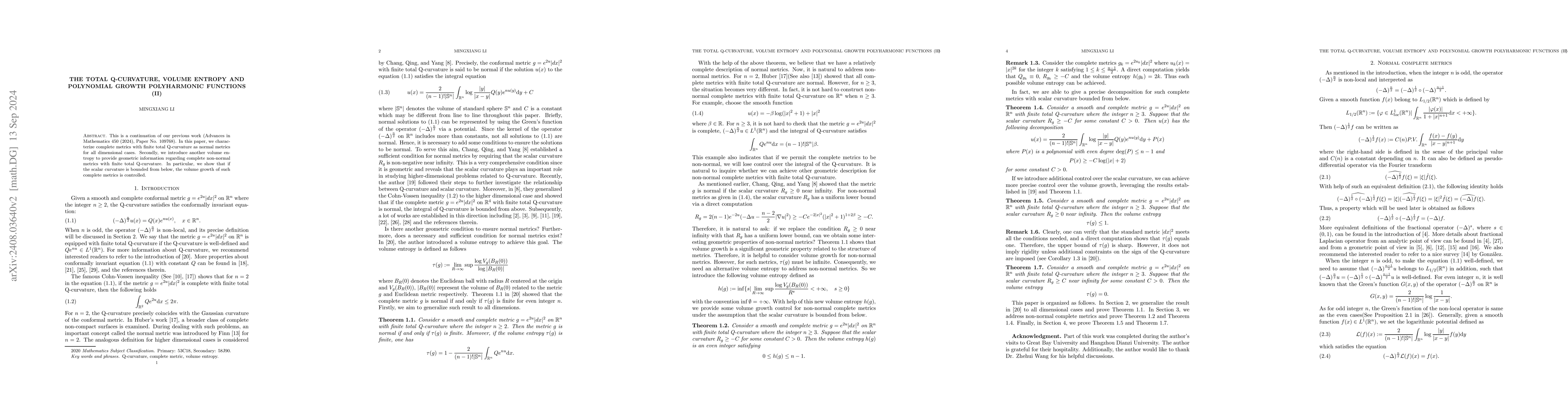 Thumbnail for The total Q-curvature, volume entropy and polynomial growth polyharmonic
  functions (II)