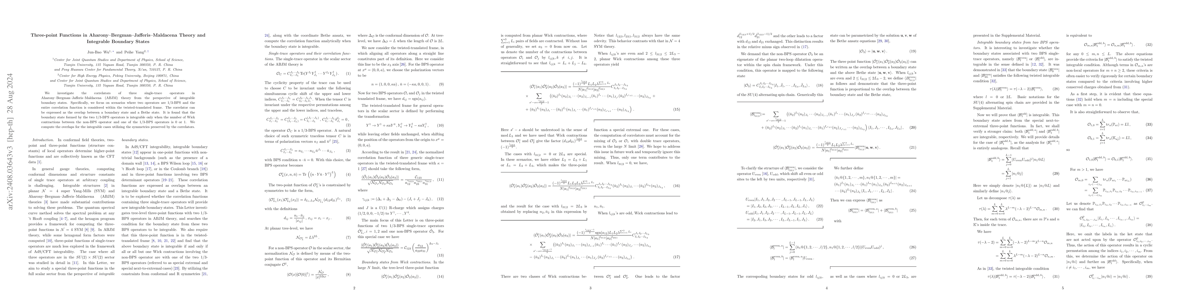 Thumbnail for Three-point Functions in Aharony--Bergman--Jafferis--Maldacena Theory
  and Integrable Boundary States