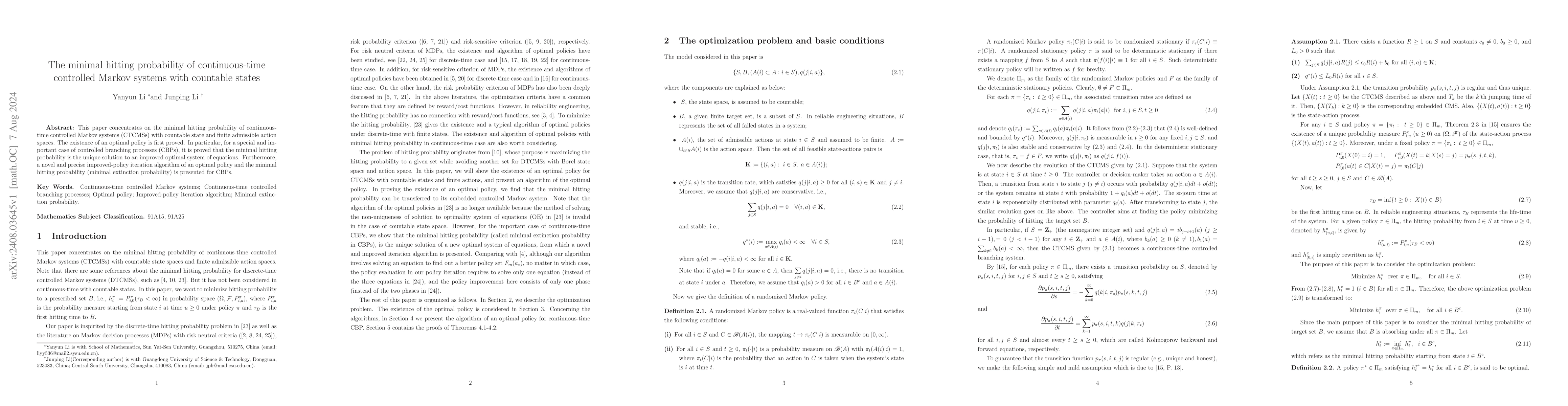 Thumbnail for The minimal hitting probability of continuous-time controlled Markov
  systems with countable states