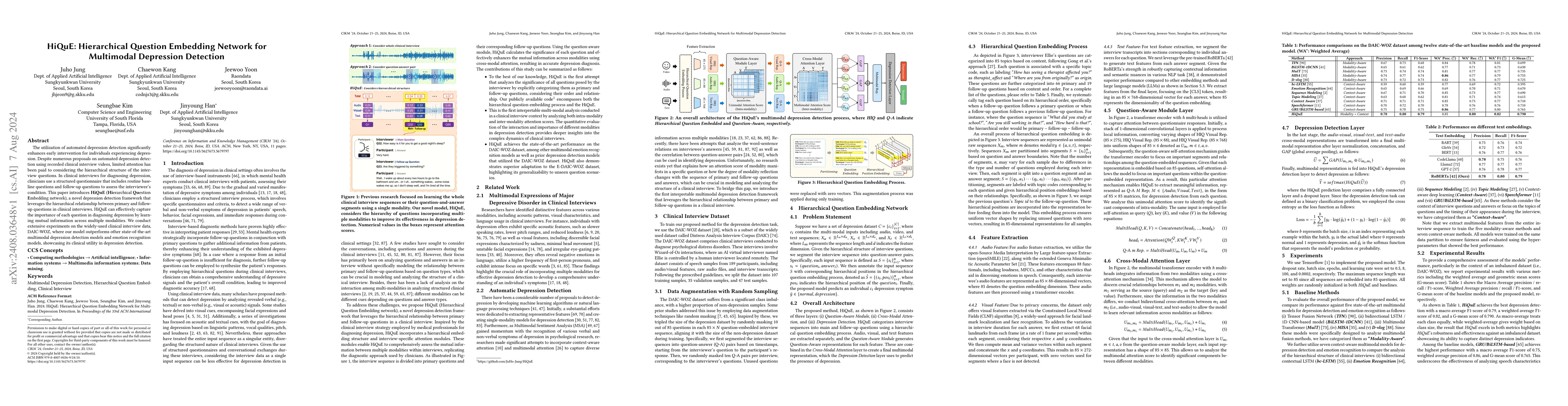 Thumbnail for HiQuE: Hierarchical Question Embedding Network for Multimodal Depression
  Detection