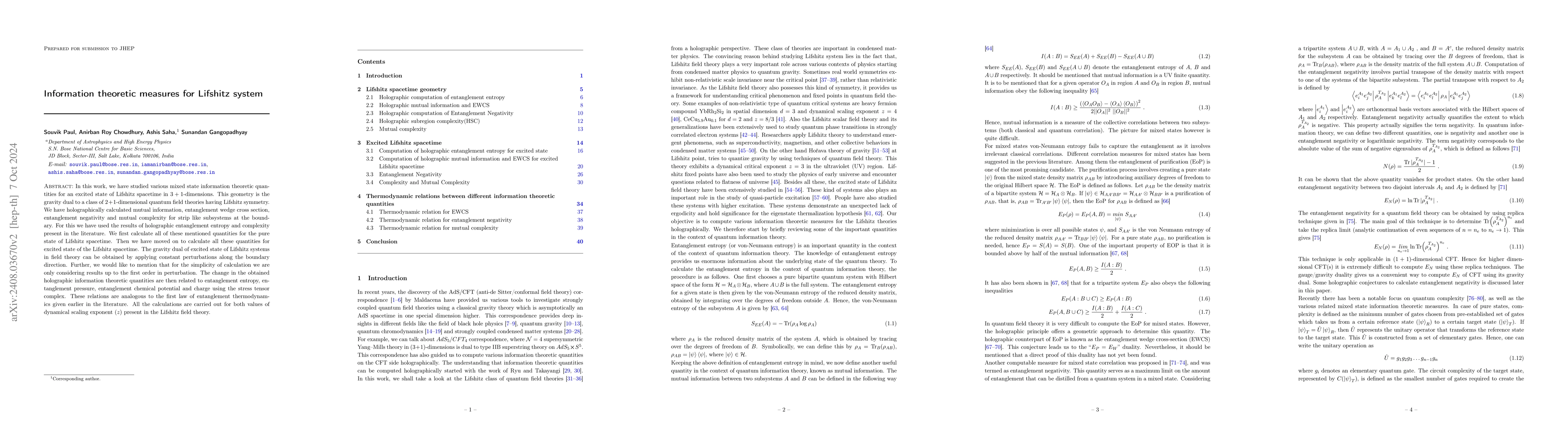 Thumbnail for Information theoretic measures for Lifshitz system