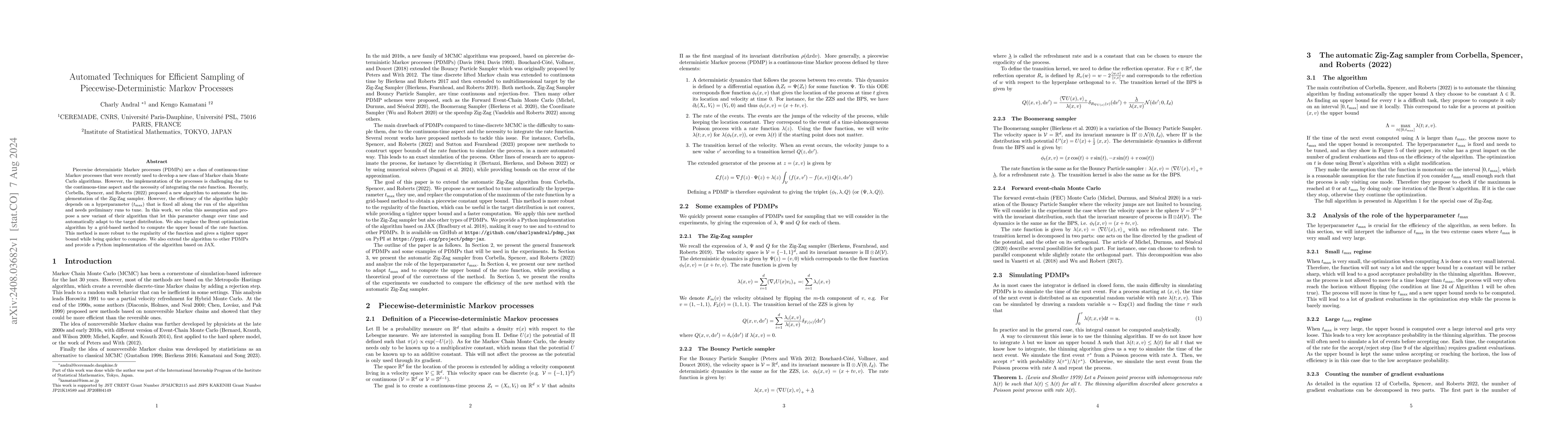 Thumbnail for Automated Techniques for Efficient Sampling of Piecewise-Deterministic
  Markov Processes