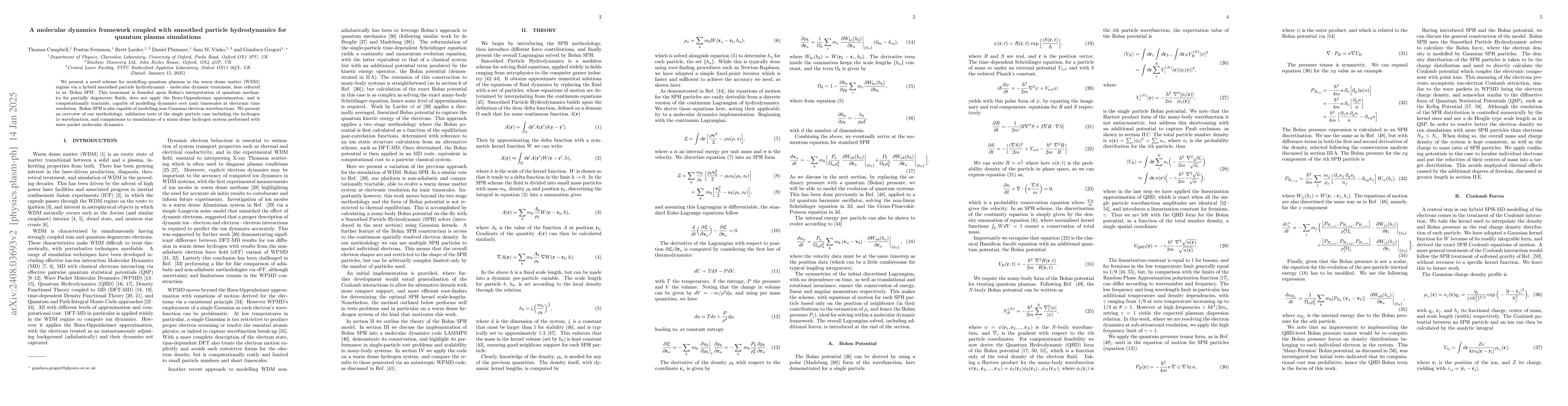 Thumbnail for A molecular dynamics framework coupled with smoothed particle
  hydrodynamics for quantum plasma simulations